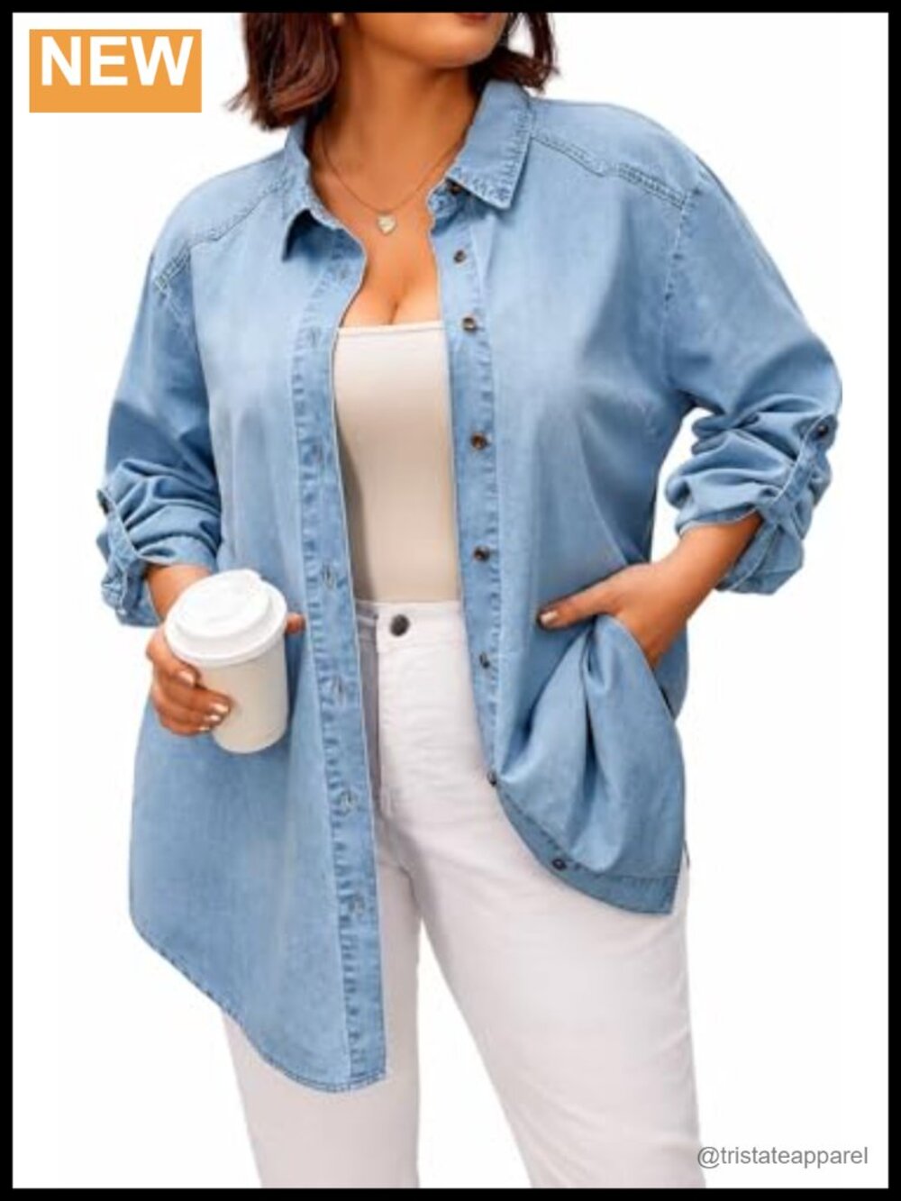 Plus Size Denim Button Down Shirt Oversized Long Sleeve with Roll Tab
